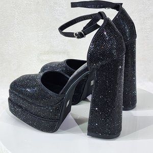 New Rhinestone ROCK IT Jewel Jet Black Chunky Heel Dual Platform  Sandals